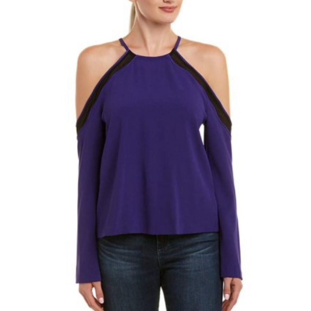 Ramy Brook Anya Cold Shoulder Long Sleeve Sheer Trim Top Purple XS S